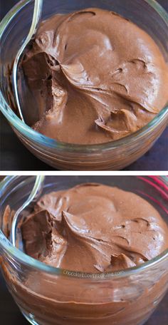 two pictures of chocolate pudding in a glass bowl