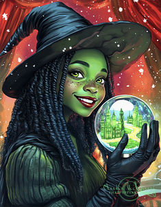 a painting of a witch holding a crystal ball in front of her face and wearing a witches hat