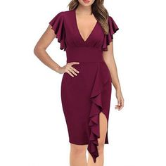 Women's Work Dress Sheath Dress Black Dress Fashion Ruffle Sleeve Midi Dress Ruffle Split V Neck Short Sleeve Plain Regular Fit Black Wine Red Spring Summer S M L Xl Xxl Black Dress Fashion, Work Dresses For Women, Semi Formal Dress, Semi Formal Dresses, Bodycon Dress With Sleeves, Neck Bodycon Dress, Black Sheath Dress, Work Dress, Sleeve Midi Dress