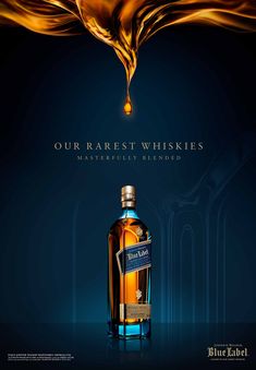 a bottle of blue label whisky with liquid pouring out of it and the caption our nearest whiskies