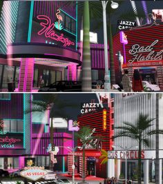 three different images of the outside of a building with neon signs and palm trees in front of it