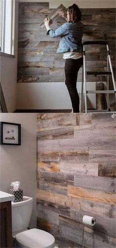 a woman standing on a ladder in a bathroom next to a wooden wall and toilet