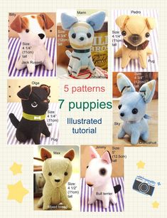 the instructions for stuffed animals are shown in several different styles and sizes, including one dog