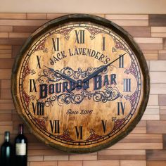 Personalize Your Own Bourbon Bar Quarter Barrel Clock Bar Wall Art Clocks, Wine Barrel Clock, Whiskey Lounge, Bourbon Bar, Personalized Clocks, Led Color Changing Lights, Lighted Wine Bottles, Battery Operated Candles, Wood Wall Clock