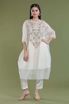 Off-white kaftan kurta with bead, zari thread, zardozi embroidery in geometric pattern on yoke. Paired with inner and pant. - Aza Fashions Kaftan Kurta, White Kaftan, Embroidered Kaftan, Organza Embroidery, Zardozi Embroidery, Pants Pattern, Pant Set, Batwing Sleeve, Set For Women