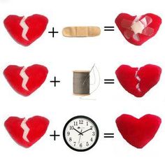 several different types of heart shaped objects and a clock