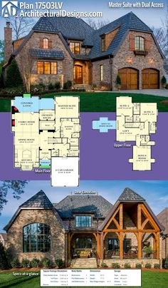 the front and back views of this house plan are shown in two different styles, including one