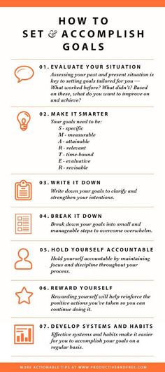 an orange and white poster with the words how to set accomplish goals on it's side