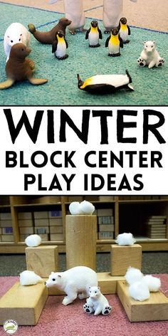 winter block center play ideas with polar bears and penguin figurines on the floor