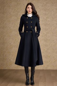 ★★ Welcome to my Ylistyle's shop！！！ Stay warm and maintain your style this winter season with a stunning assortment of deep navy, hooded, and elegantly long wool coats designed for women. Embrace the cozy comfort and chic elegance of these timeless pieces. Elevate your winter wardrobe with these must-have essentials. ★★ FEATURES 50% wool, 50% wool blend Fully liner with polyester Two pockets Fabric belt coat Hooded neckline Long sleeves coat Button closure in front For Winter, Autumn Dry clean ★ Formal Fitted A-line Wool Coat, Elegant Navy Wool Coat, Dark Academia Coat, Elegant A-line Wool Coat, Elegant Double-breasted Wool Coat For Cold Weather, Combat Outfit Female, Winter Wool Coat With Stand Collar, Single Breasted, Peacoat Womens Outfit, Wool Coats For Women