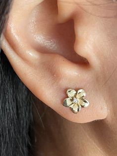 Elegant and Beautiful Hawaiian Heirloom 9mm Plumeria Flower With Cubic Zirconia Stud  Earrings in 14Kt Solid Yellow Gold  14 Karat Solid Yellow Gold GUARANTEED, Authenticate with a 14K Stamp Made With The Highest Quality Craftsmanship Solid 14K Yellow Gold 9mm Plumeria Flower With Cubic Zirconia Stud Earrings Total Weight 1.1 grams Solid 14K Yellow Gold Plumeria Flower Width 9 Millimeters Length 10 Millimeters Amazing! Gift For Family and Friends! Jewelry Gift Box Included! Gold Flower Earrings With Prong Setting, Yellow Gold Flower Earrings, Round Flower Charm Earrings For Anniversary, Gift Flower Earrings With Prong Setting, Anniversary Flower Charm Earrings, Flower Shaped Earrings As A Gift, Gold Flower Earrings With Prong Setting As Gift, Small Earrings Gold, Mehndi Designs Book