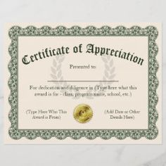 an award certificate is displayed on a marble surface with the words,'certificate of appreciation'in gold and green