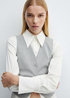 Straight design. Suit style. Pinstripe print. V-neck. Sleeveless. Wide straps. Two welt pockets on the front. Front button closure. Inner lining. Co-ord. Office looks Suit Vest Women, Pinstriped Suit, Pinstripe Vest, Woman In Suit, Suit Waistcoat, Oversized Turtleneck, Pinstripe Suit, Soft Cardigan, Vest Pattern