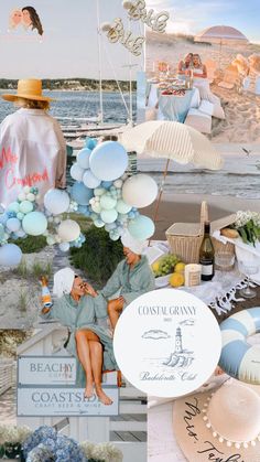 a collage of photos with people on the beach and balloons in the air above them