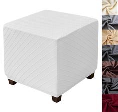 an upholstered foot stool with multiple colors