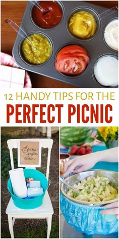 some food that is in a muffin tin and on a chair with the words 12 handy tips for the perfect picnic