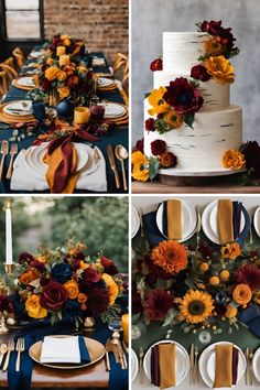 the table is decorated with sunflowers, roses and blue ribbon for an autumn wedding