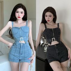 Lasaky - Seductive Denim Crop Top and Shorts Set for Women Denim Blue Jeans For Summer Night Out, Top Vaquero, Denim Tube Top, Denim Bustier, Denim Crop Top, Denim Chic, Crop Top And Shorts, Bustier Top, Shorts Set