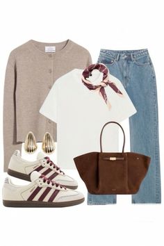 High Straight Jeans, Trainers Outfit, Burgundy Outfit, Suede Tote Bag, Knitwear Outfit, Classic Style Outfits, Satin Scarf, Cardigan White, Suede Tote