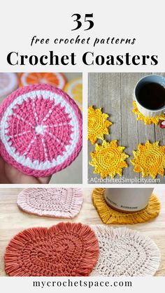 crochet coasters with text overlay that says, 35 free crochet patterns