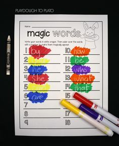 two crayons and markers on top of a piece of paper with the words magic words