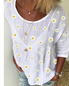 white crew neck floral shift casual shirts tops p114021 is popular. Shop on BestDealFriday to see other cheap Shirts on sale. Mode Tips, White Crew Neck, Linen Casual, Floral Sleeve, Linen Short, Tops Casual, Cheap Shirts, Daisy Print, Blouse Pattern