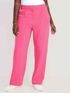 Partially-elasticized extra high-rise waistband, with built-in belt loops.  Concealed double hook-and-bar closure, built-in belt loops, hidden zip fly, and interior stay button.  On-seam diagonal side pockets, with back welt pocket.  Secret-smooth po High Waist Bottoms With Button Closure For Work, Pink Straight Leg Bottoms With Button Closure, Pink Wide-leg Bottoms With Button Closure, Pink Straight Leg Pants With Button Closure, High Waist Pants With Elastic Waistband For Business Casual, Solid Straight Leg Pants With Belt Loops, Business Casual High Waist Pants With Elastic Waistband, Trendy High Waist Dress Pants With Pockets, Trendy High-waist Dress Pants With Pockets