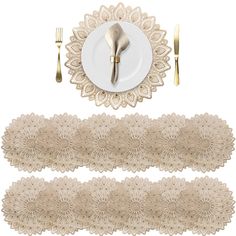 PRICES MAY VARY. Package includes 12 gold placemats, each measuring 15 inches in diameter. They can protect the tabletop surface and reduce noise from plates and cutlery. Round vinyl placemats are made of durable vinyl material, wearproof, heat insulation and stain resistant. Easy care wipe clean with a damp cloth. Hollowed-out flower design, textured and elegant. Perfect for decorating your party to create a festive atmosphere. Perfect for Thanksgiving, Wedding, Anniversary, Birthday, housewarm Silver And Gold Table Settings, Gold Placemats Table Setting, Gold Placemats Wedding, Gold Table Mat, Round Placemats Table Setting Gold, Gold Leaf Placemat Thanksgiving, Gold Placemats, Gold Charger Plate, Thanksgiving Wedding