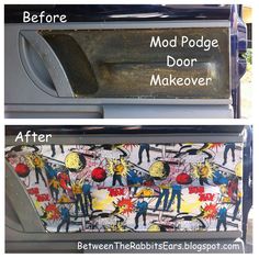 the before and after pictures of an old microwave oven with graffiti painted on it's door