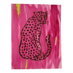 a pink and black painting with a leopard on it's back side, sitting in front of a white background