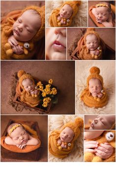 a collage of photos shows a baby in a bear costume sleeping on a blanket