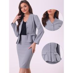 The blazer features a peplum design that accentuates your waistline, giving you an elegant figure. It also has a collarless neckline that makes it more modern and sleek. The pencil skirt complements the blazer perfectly and has a slimming effect that enhances your curves. It comes in various sizes and colors to suit different preferences, making it a versatile addition to any wardrobe. The pencil skirt features a zipper, and an elastic waist, providing a comfortable and flattering fit for all bo Peplum Designs, Womens Office, Peplum Blazer, Tweed Shorts, Skirt Suit Set, Knee Sleeves, Blazer And Skirt, Long Sleeve Blazers, Business Suit