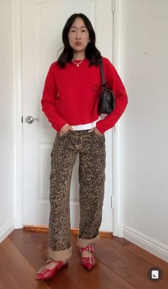 Red sweater over white tee snd cheetah / leopard print pants, and red Steve Madden buckle ballet flats (ganni dupe) Red Ganni Flats, Red Leopard Print Outfit, Red Buckle Flats Outfit, Leopard Print Winter Outfits, Red Ganni Flats Outfit, Ganni Ballet Flats Outfit, Cheetah And Red Outfit, Steve Madden Flats Outfit, Leopard Print And Red Outfits