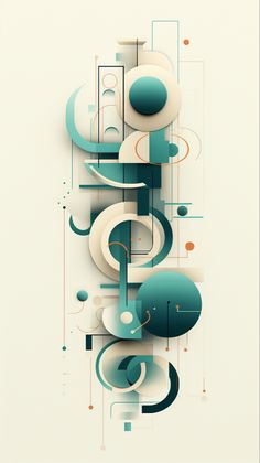 an abstract art piece with circles and lines on the bottom, in shades of teal