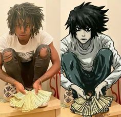 a man with dreadlocks sitting on top of a table next to a drawing of a person holding money