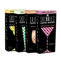 three boxes of skinnyies cocktail mix are shown in this image, the box contains four different flavors