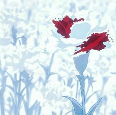 two red and white flowers are in the middle of some tall grass with snow on them