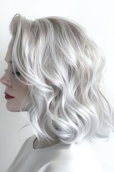 Medium Length White Blonde Hair, White Silver Hair Platinum Blonde, White Hair With Color, Silver White Hair Color, Silver Blonde Hair Dye, Icy Platinum Blonde Hair, White Hair With Lowlights, Platinum Blonde Hair Ideas, Silver Platinum Hair