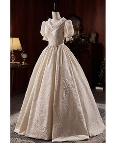 Get 10% off now! Buy ivory vintage ballgown wedding dress vneck with short sleeves at cheap price online. Free stable shipping and pro custom service since 2009. Ball Gown Wedding Dress With Puffy Sleeves, 1850s Wedding Dress, Vintage Wedding Dress Ballgown, Ballgown Corset Wedding Dress, Elegant Short Sleeve Wedding Ball Gown, Elegant White Victorian Dress With Short Sleeves, Short Sleeve Victorian Wedding Dress, Victorian Wedding Dress With Short Sleeves, Vintage White Wedding Ball Gown