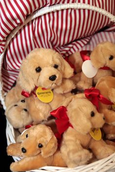 a basket filled with lots of brown teddy bears