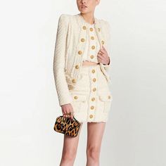 ALISON 3 pieces Jacquard Set Color Ivory, Tweed Jacket, Autumn Winter, Tassels, Lion, Buckle