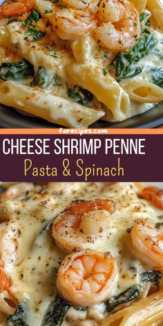 two plates of pasta with shrimp, spinach and cheese in sauce on the side