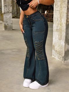 Blue  Collar  Denim Plain Flare Leg Embellished Medium Stretch  Women Clothing Bold Outfits, Crochet Clothing And Accessories, Shein Outfits, Curvy Women Jeans, Fashion Design Sketches, Basic Outfits