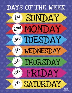 the days of the week poster with colorful arrows and stars on purple background for kids's day