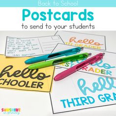 the back to school postcards have been placed on top of each other with pens