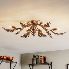 a living room with two shelves and a chandelier hanging from the ceiling above it