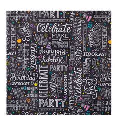 a black and white birthday party napkin with confetti all over it's surface