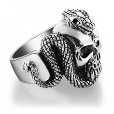 Steampunk Sterling Silver Snake Ring - https://lordsteampunk.com/steampunk-sterling-silver-snake-ring/ Price: 81.43 & FREE Shipping #pinterest Snake Rock, Skull With Snake, Biker Rings Mens, Skull Accessories, Snake Ring Silver, Skull Jewelry