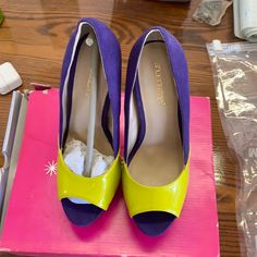 New! Purple, Yellow And Pink Suede 5.5” Heels From Shoedazzle. Box Has Minor Wear, Shoes Have Original Tag And Have Never Been Worn. Purple Synthetic Heels With 4-inch Heel, Purple 4-inch Heel Synthetic Heels, Yellow And Pink, Pink Suede, Shoe Dazzle, Shoes Women Heels, Pink Purple, Shoes Heels, Size 7