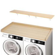 a washer and dryer sitting next to each other in front of a shelf